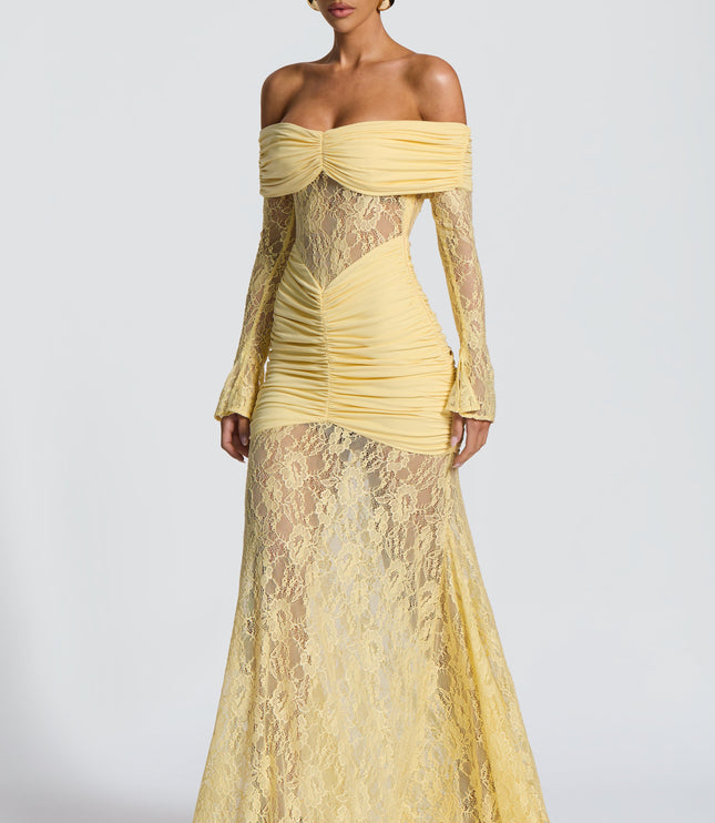 Women's Lemon Long Sleeve Ruched Flare Maxi Dress