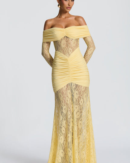 Women's Lemon Long Sleeve Ruched Flare Maxi Dress