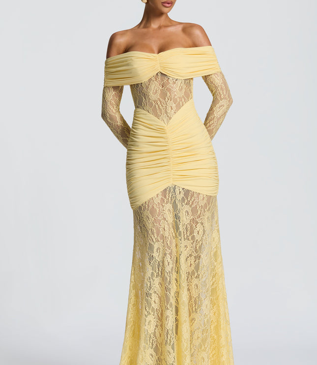 Women's Lemon Long Sleeve Ruched Flare Maxi Dress