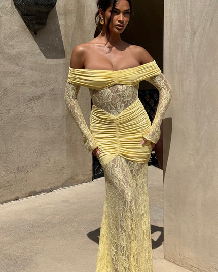 Women's Lemon Long Sleeve Ruched Flare Maxi Dress