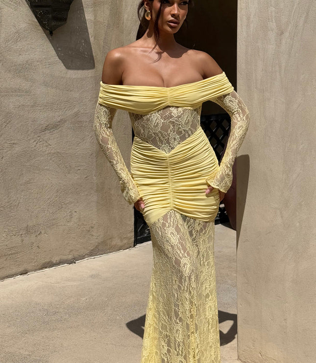 Women's Lemon Long Sleeve Ruched Flare Maxi Dress