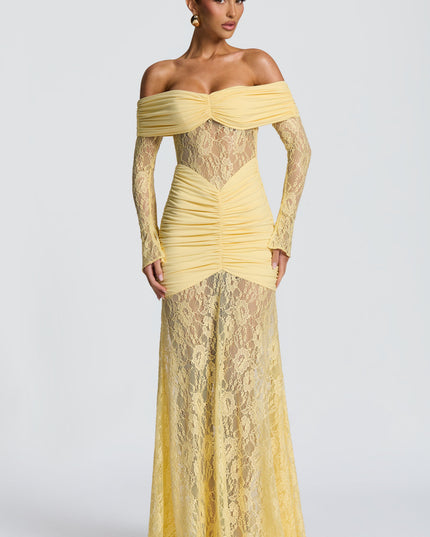 Women's Lemon Long Sleeve Ruched Flare Maxi Dress