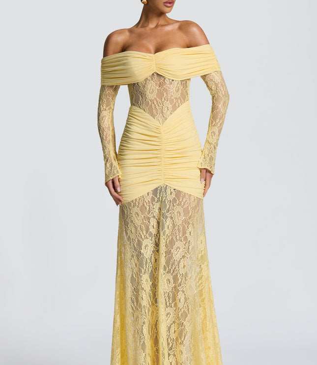 Women's Lemon Long Sleeve Ruched Flare Maxi Dress