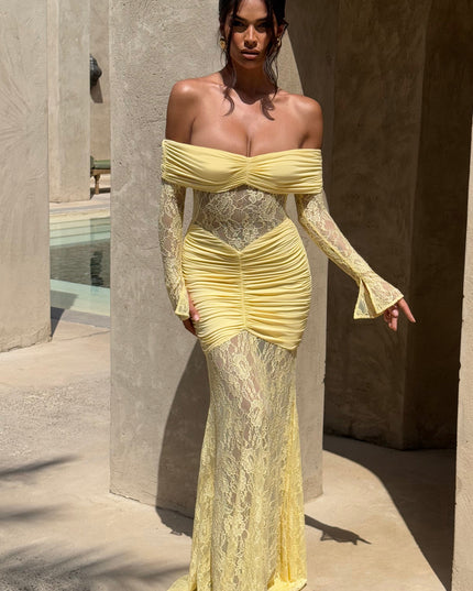 Women's Lemon Long Sleeve Ruched Flare Maxi Dress