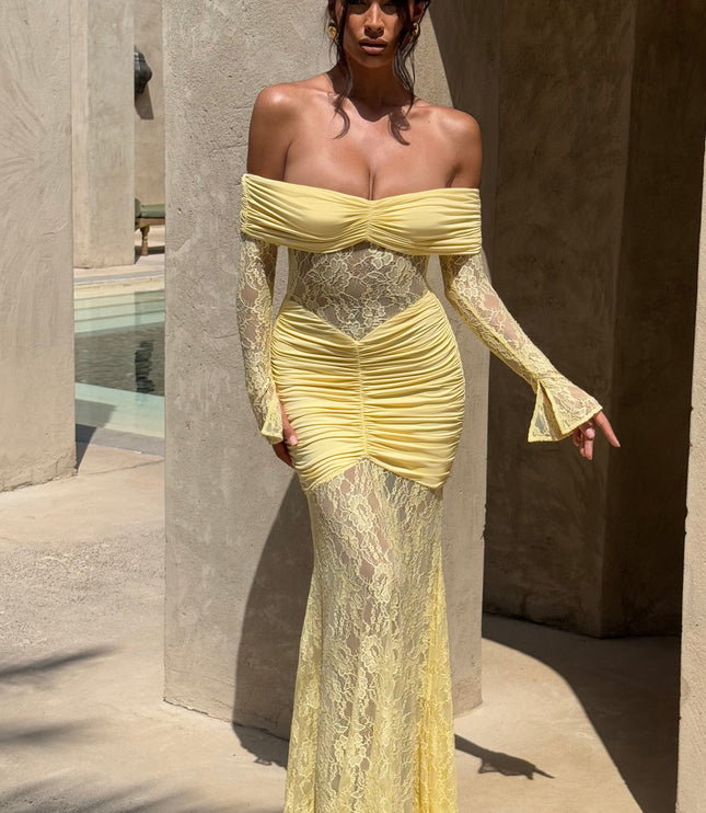 Women's Lemon Long Sleeve Ruched Flare Maxi Dress