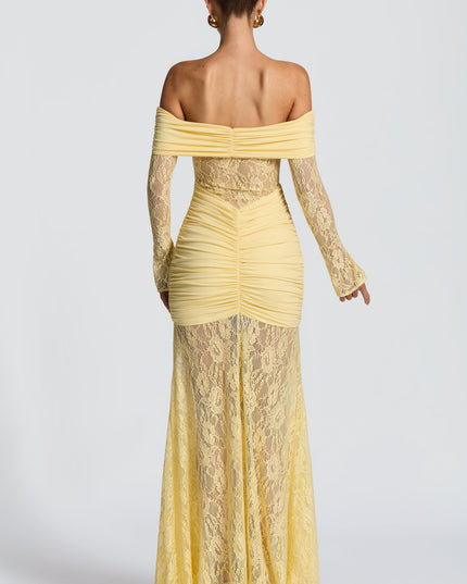 Women's Lemon Long Sleeve Ruched Flare Maxi Dress