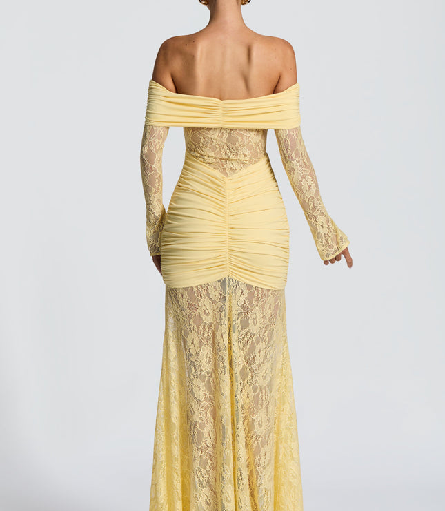 Women's Lemon Long Sleeve Ruched Flare Maxi Dress