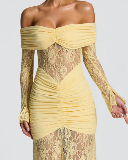 Women's Lemon Long Sleeve Ruched Flare Maxi Dress