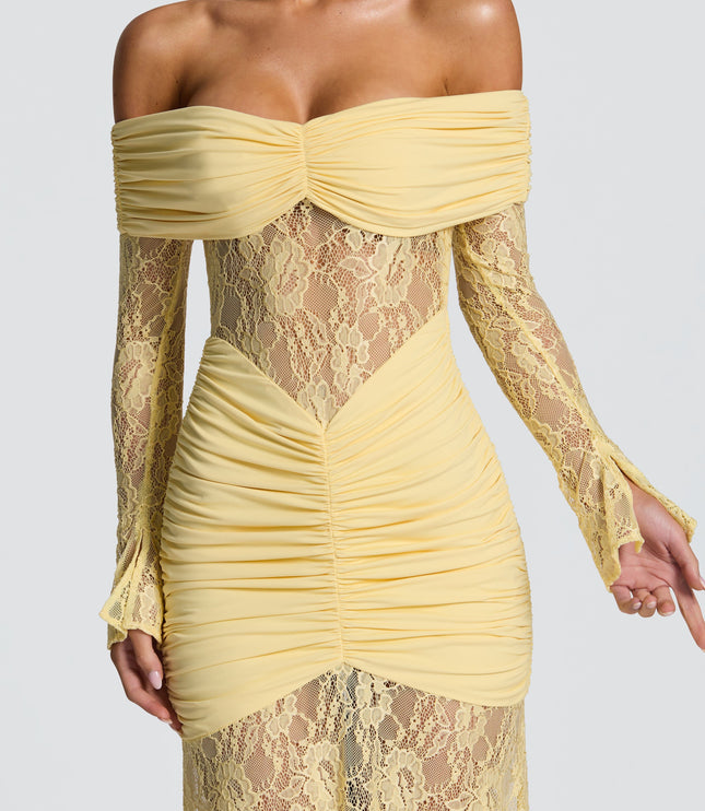 Women's Lemon Long Sleeve Ruched Flare Maxi Dress