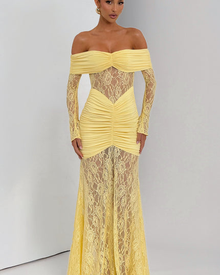 Women's Lemon Long Sleeve Ruched Flare Maxi Dress