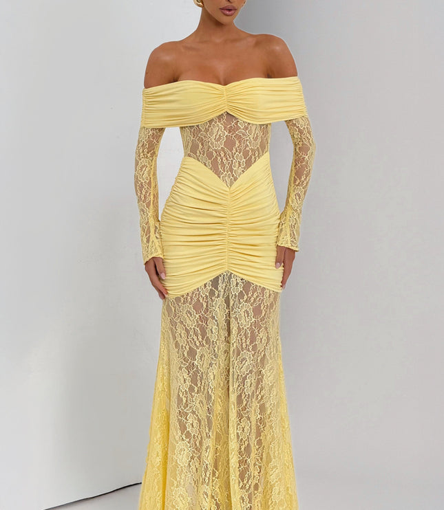 Women's Lemon Long Sleeve Ruched Flare Maxi Dress