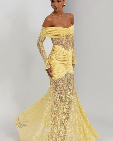Women's Lemon Long Sleeve Ruched Flare Maxi Dress
