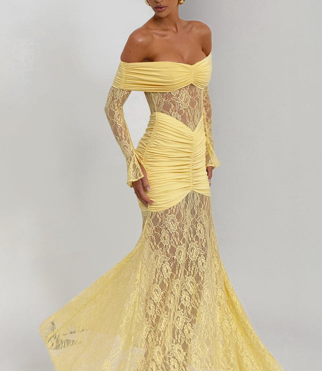 Women's Lemon Long Sleeve Ruched Flare Maxi Dress