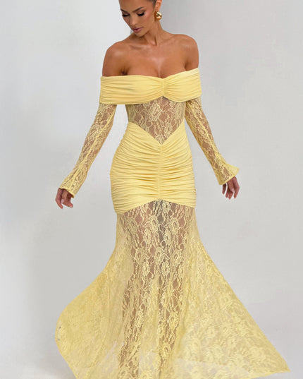 Women's Lemon Long Sleeve Ruched Flare Maxi Dress