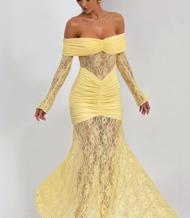 Women's Lemon Long Sleeve Ruched Flare Maxi Dress