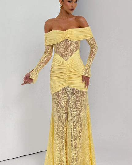Women's Lemon Long Sleeve Ruched Flare Maxi Dress