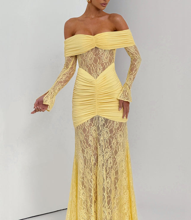 Women's Lemon Long Sleeve Ruched Flare Maxi Dress