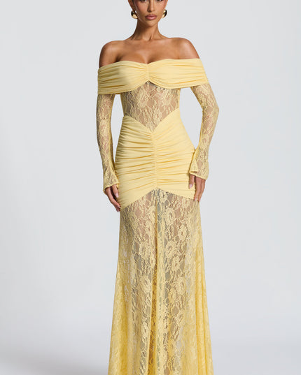 Women's Lemon Long Sleeve Ruched Flare Maxi Dress