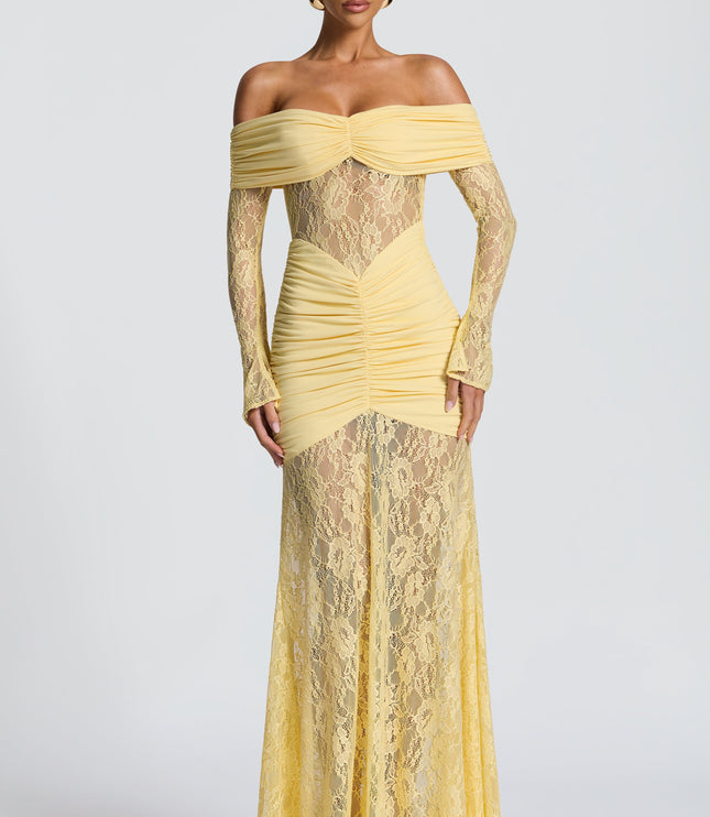 Women's Lemon Long Sleeve Ruched Flare Maxi Dress