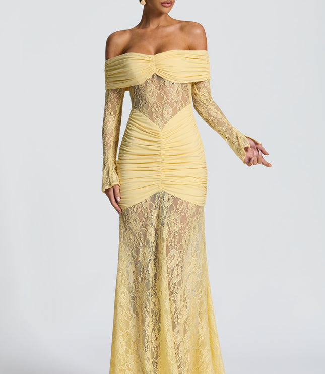 Women's Lemon Long Sleeve Ruched Flare Maxi Dress