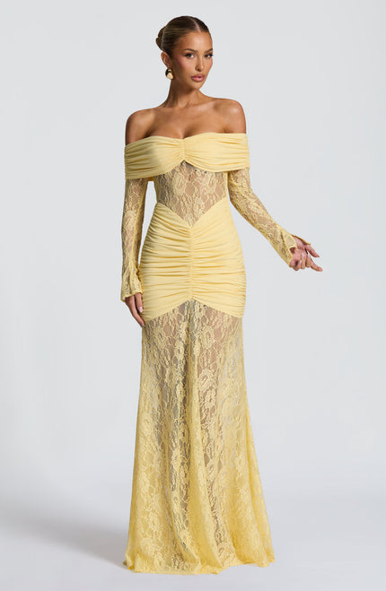 Women's Lemon Long Sleeve Ruched Flare Maxi Dress