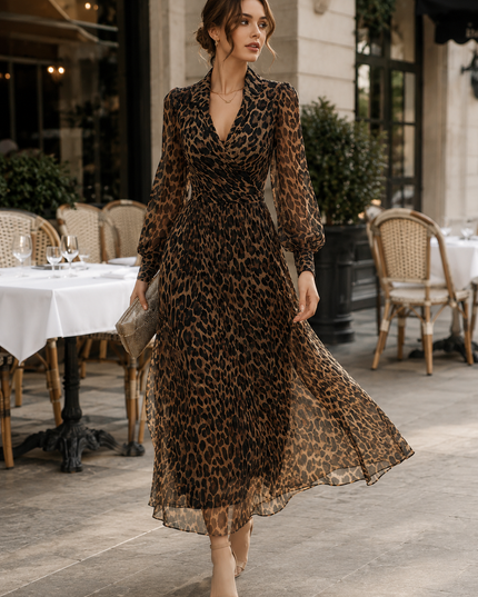 Women's Leopard Print Wrap Maxi Dress with Long Sleeves