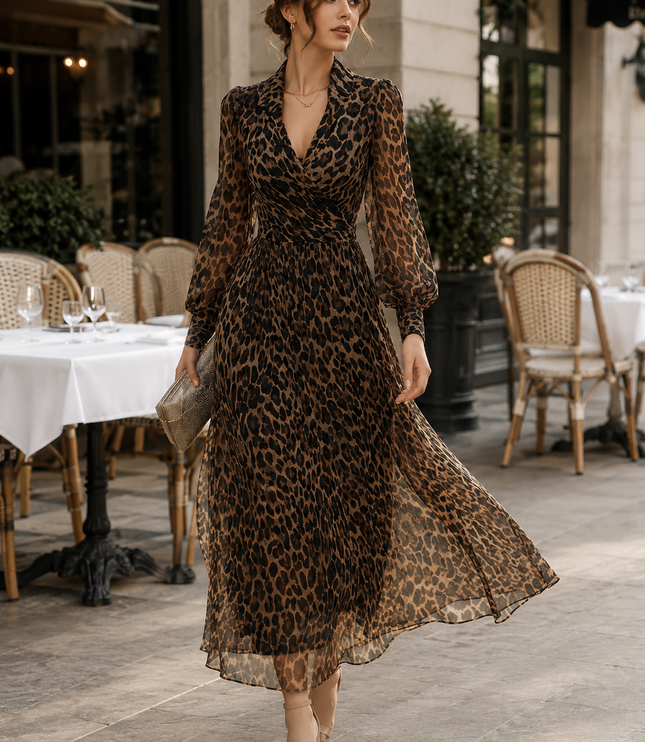 Women's Leopard Print Wrap Maxi Dress with Long Sleeves