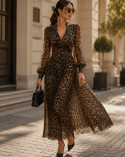 Women's Leopard Print Wrap Maxi Dress with Long Sleeves