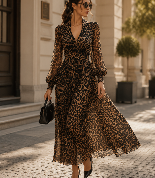 Women's Leopard Print Wrap Maxi Dress with Long Sleeves