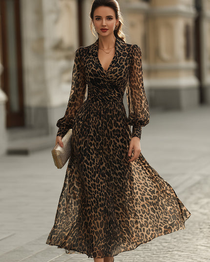 Women's Leopard Print Wrap Maxi Dress with Long Sleeves