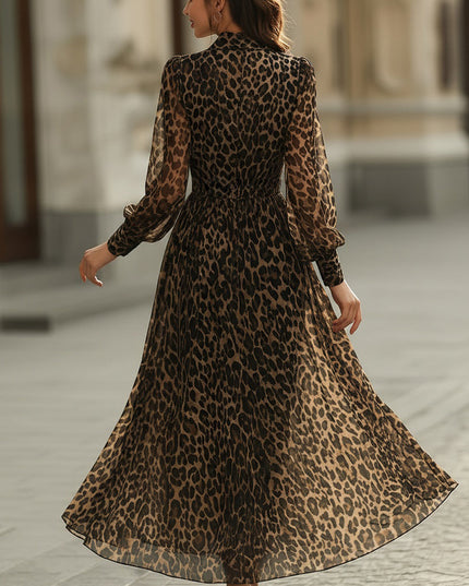 Women's Leopard Print Wrap Maxi Dress with Long Sleeves