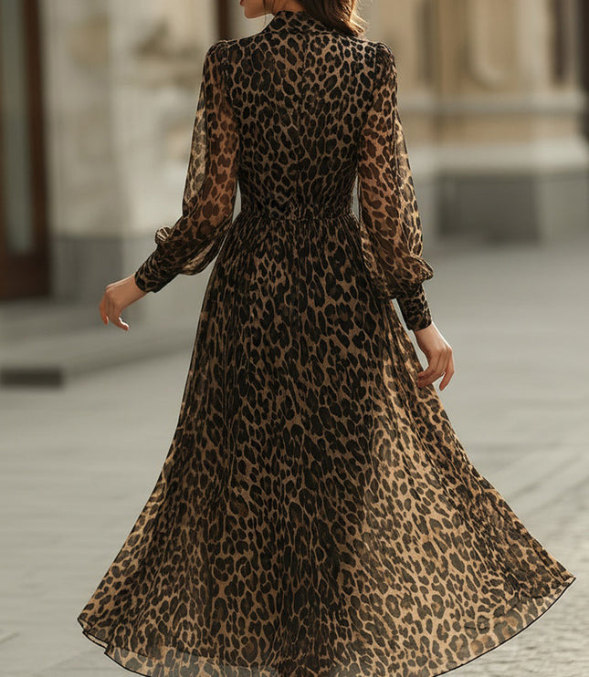 Women's Leopard Print Wrap Maxi Dress with Long Sleeves