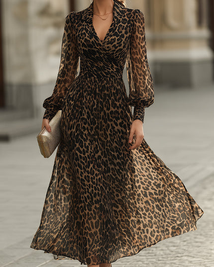 Women's Leopard Print Wrap Maxi Dress with Long Sleeves