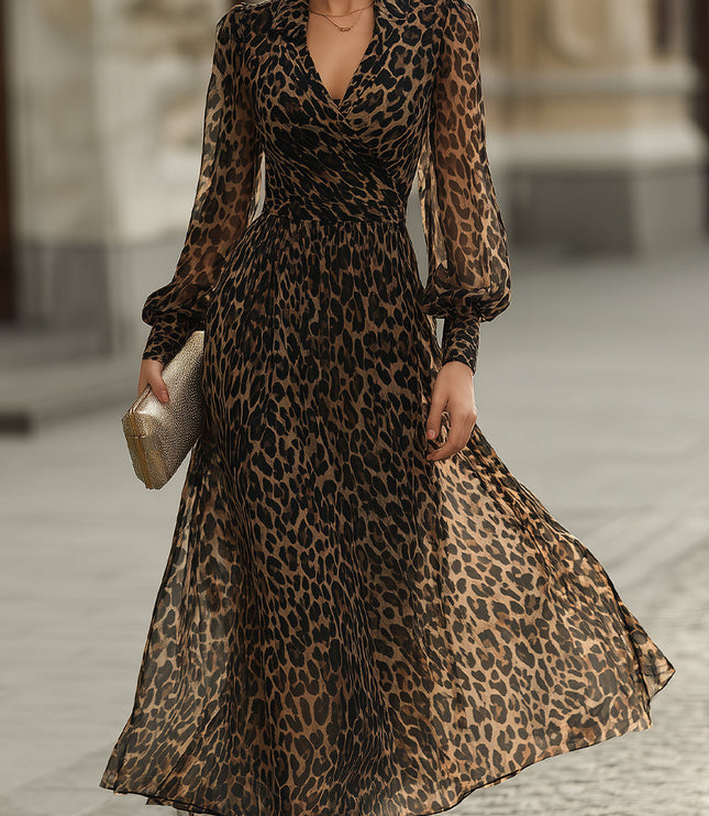 Women's Leopard Print Wrap Maxi Dress with Long Sleeves