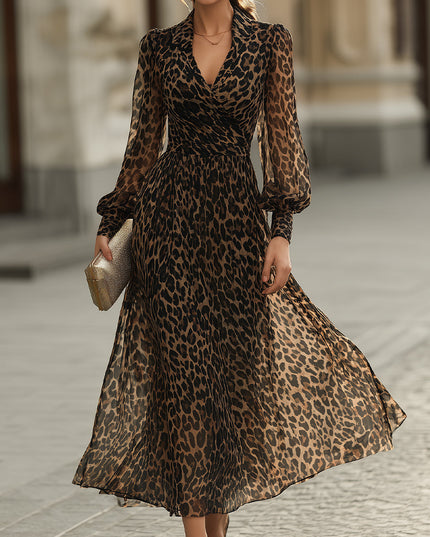Women's Leopard Print Wrap Maxi Dress with Long Sleeves