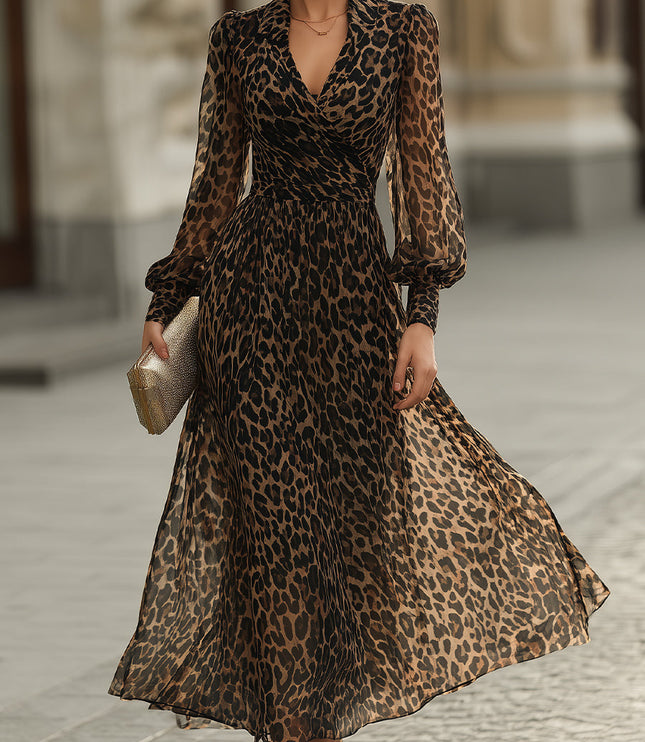 Women's Leopard Print Wrap Maxi Dress with Long Sleeves