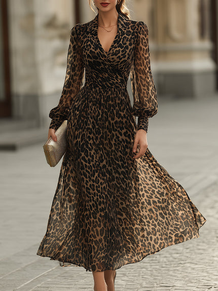 Women's Leopard Print Wrap Maxi Dress with Long Sleeves