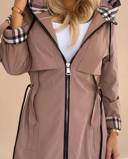 Women's Lightweight Trench Coat with a Checked Hood and Zip Front