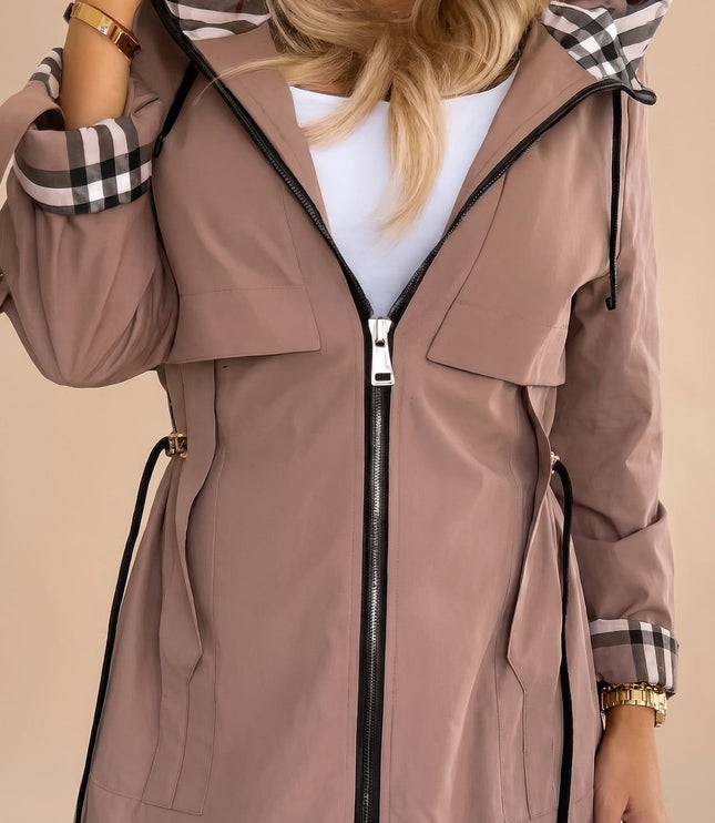 Women's Lightweight Trench Coat with a Checked Hood and Zip Front