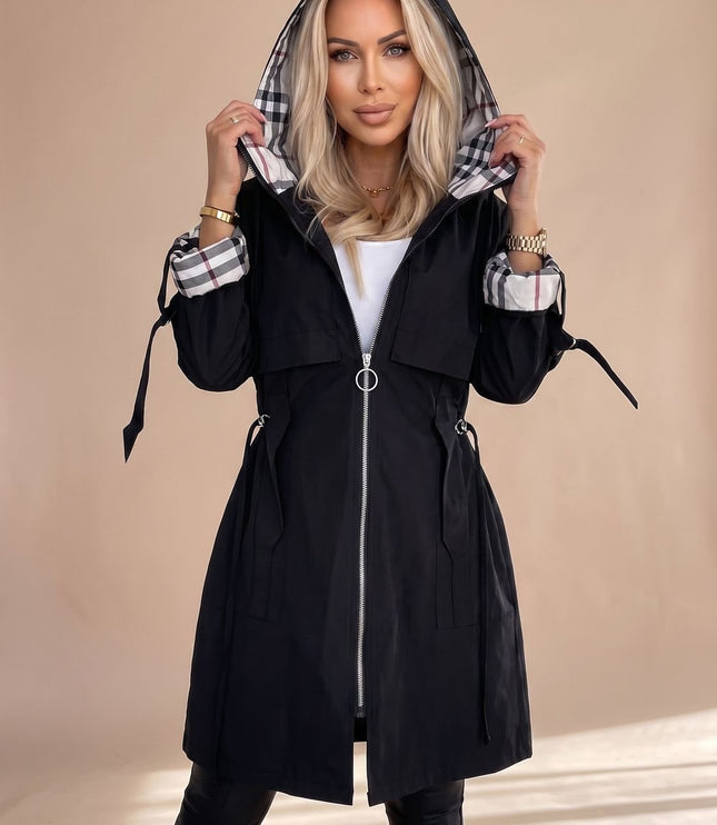 Women's Lightweight Trench Coat with a Checked Hood and Zip Front