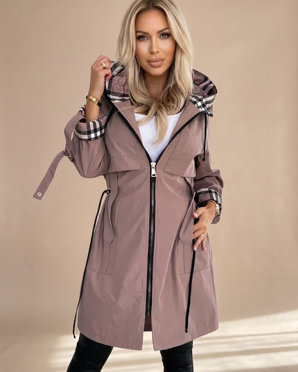Women's Lightweight Trench Coat with a Checked Hood and Zip Front