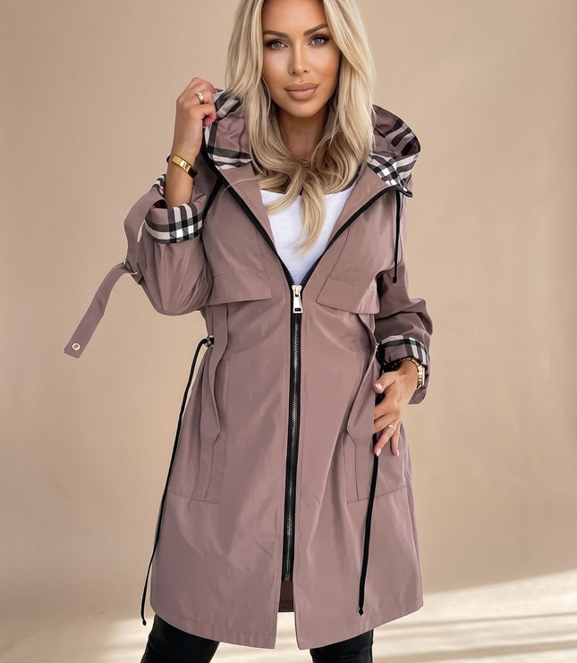 Women's Lightweight Trench Coat with a Checked Hood and Zip Front