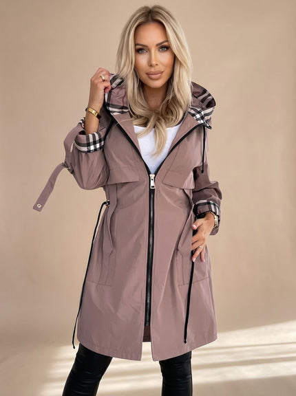 Women's Lightweight Trench Coat with a Checked Hood and Zip Front