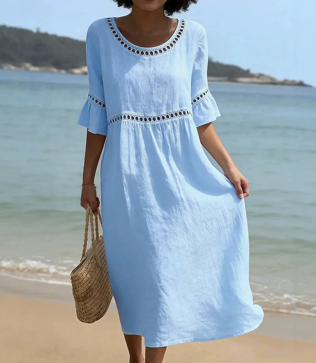 Women's Linen-Look Crochet Trim Midi Dress