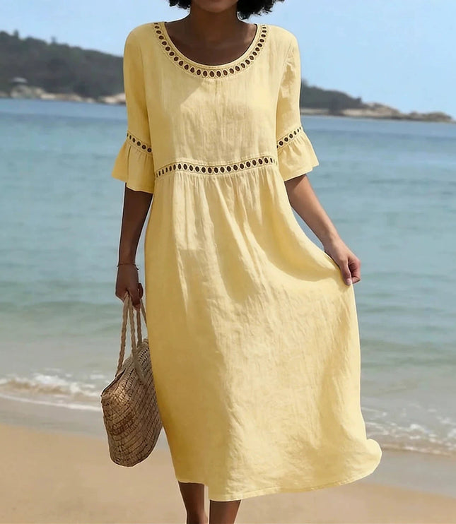 Women's Linen-Look Crochet Trim Midi Dress