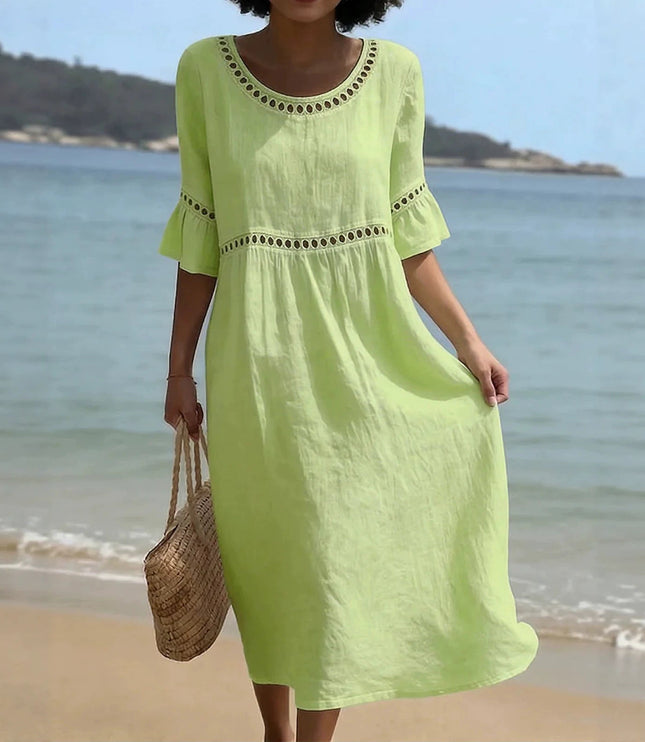 Women's Linen-Look Crochet Trim Midi Dress