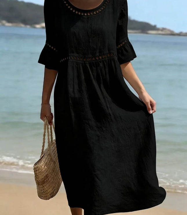Women's Linen-Look Crochet Trim Midi Dress