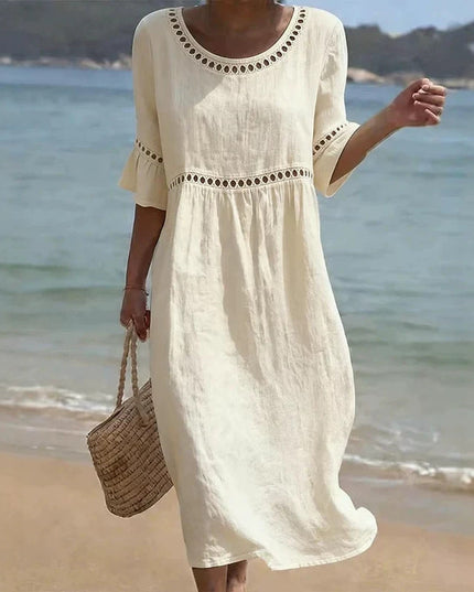 Women's Linen-Look Crochet Trim Midi Dress