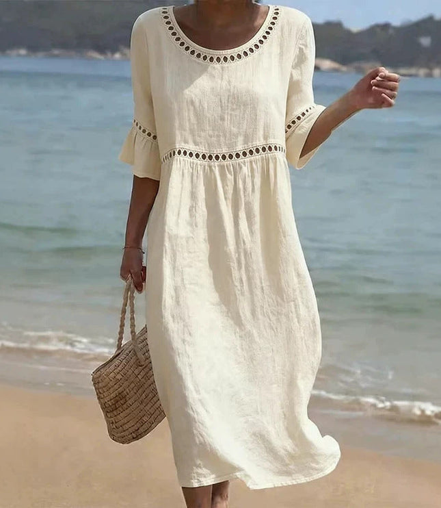 Women's Linen-Look Crochet Trim Midi Dress