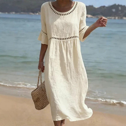 Women's Linen-Look Crochet Trim Midi Dress